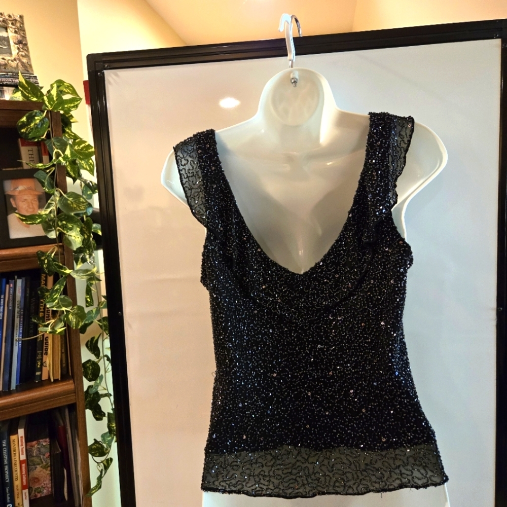 NWOT, Scala Black Beaded Silk Top with Ruffle, Formal, Party, Holiday, Size L - Picture 11 of 16